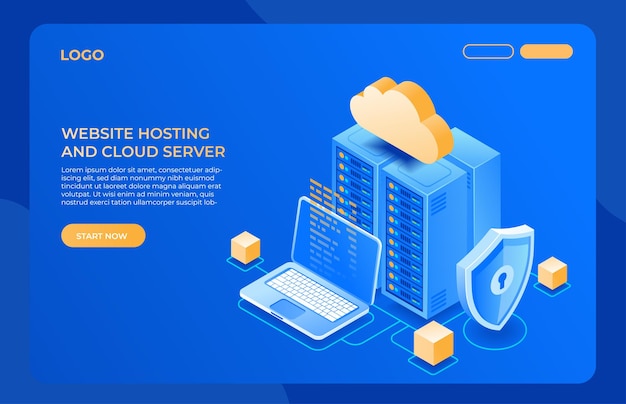 Website-Hosting-Landing-Page-Design Cloud-Computing und isometrisches Illustrationskonzept des Servers