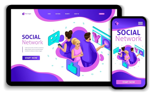 Vektor website isometric landing page konzept menschen im sozialen netzwerk. teenager kommunizieren in einem neuen sozialen netzwerk.. leicht zu bearbeiten und anpassen, responsiv.