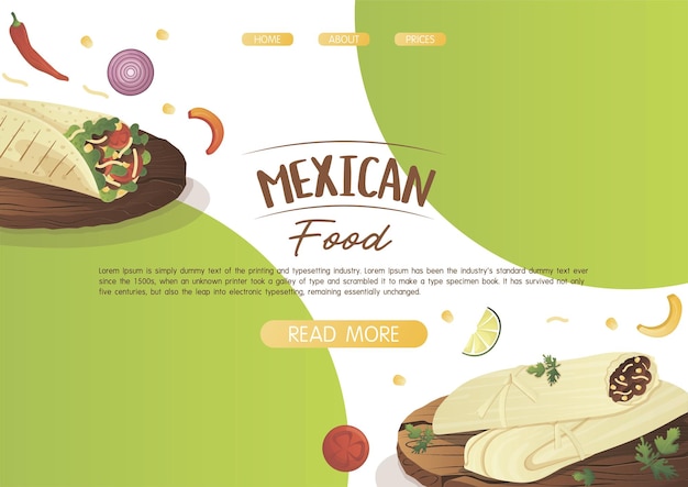 Website-landing-page-vorlage mit mexikanischem gericht burrito und tamale auf einem holztablett