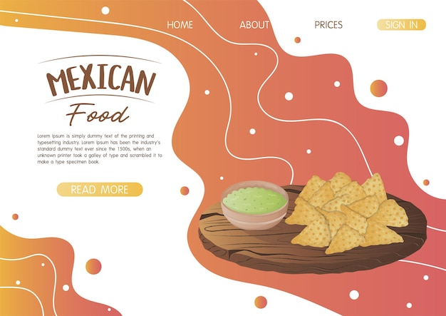 Website-landing-page-vorlage mit mexikanischen nachos mit guacamole-sauce auf einem holztablett