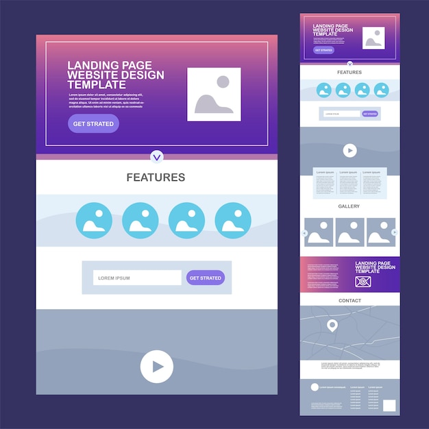 Website-Landing-Vorlage-Seite mit einem Features-Bereich und einem Formular für Kontaktinformationen Design-Set