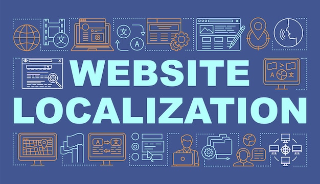 Website-lokalisierung wortkonzepte banner. verwalten sie mehrsprachige websites, internationales seo. präsentation, webseite. isolierte typografie-idee mit linearen symbolen. vektor-umriss-illustration