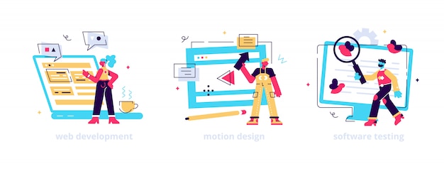 Website-Programmierung und Codierung. Computeranimationsdesigner. Bugfixing. Webentwicklung, Motion Graphic Design, Metaphern zum Testen von Software.