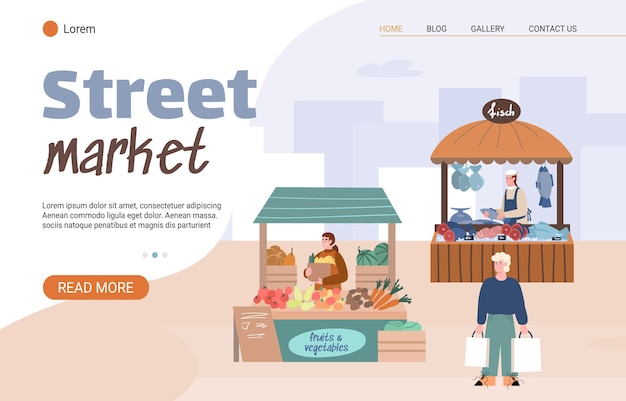 Website-seite für lokale farm street market cartoon-vektor-illustration