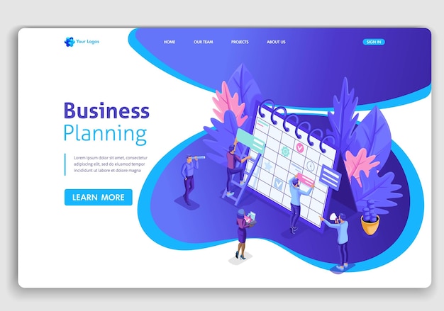 Vektor website-template-design. isometrische konzept-geschäftsleute arbeiten, planung für eine webseite. leicht zu bearbeiten und anpassen.