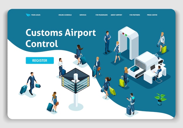 Website-Vorlage Landing Page Isometrisches Konzept Internationaler Flughafen, Zoll-Flughafenkontrolle, Geschäftsreise. Einfach zu bearbeiten und anzupassen.