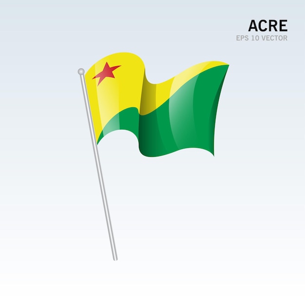 Wehende flagge der bundesstaaten acre, bundesdistrikt von brasilien, isoliert auf grauem hintergrund