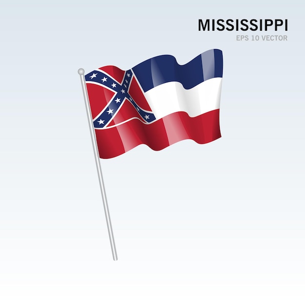 Wehende flagge des bundesstaates mississippi der vereinigten staaten von amerika auf grauem hintergrund