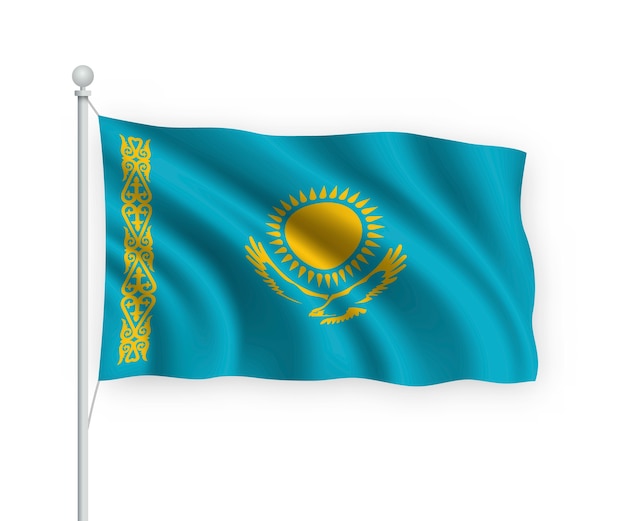 wehende Flagge Kasachstan auf Fahnenmast Isoliert auf Weiß