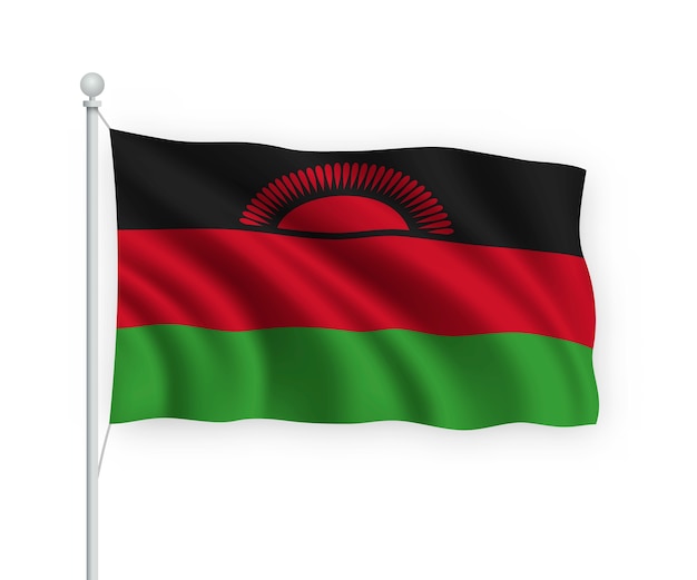 wehende Flagge Malawi auf Fahnenmast Isoliert auf Weiß