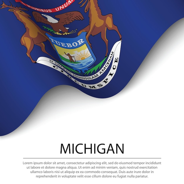 Wehende flagge von michigan ist ein bundesstaat der usa auf weißem hintergrund