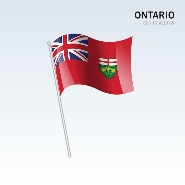 Wehende flagge von ontario provinzen von kanada auf grauem hintergrund isoliert