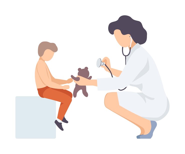 Vektor weibliche ärztin hört zu, hört zu, teddybärenbrust mit stethoskop, kinderarzt berät, kleiner patient, vektorillustration