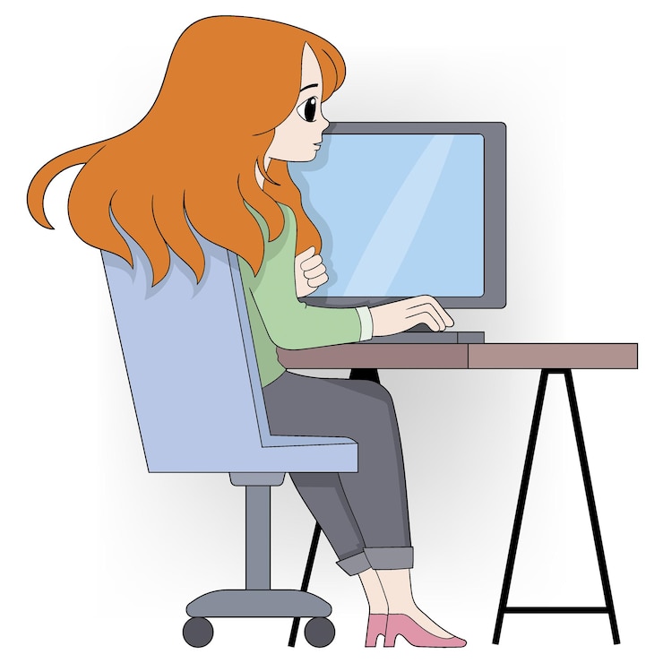 Vektor weibliche arbeitnehmerin im büro, die an einem computer arbeitet, der vom chef eine aufgabe gegeben wird
