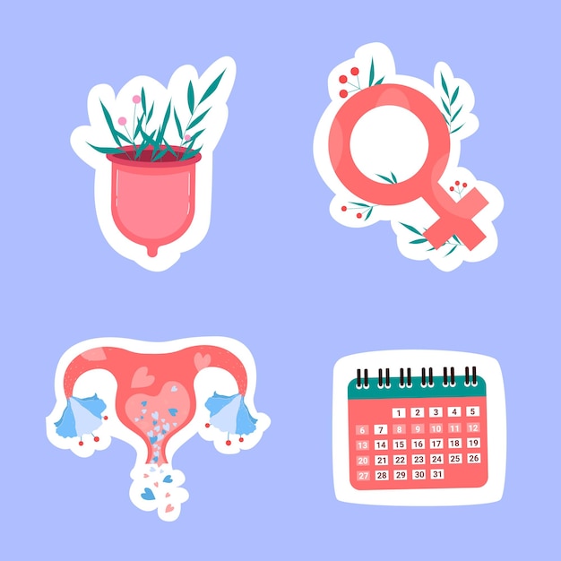 Weibliche artikel für menstruation, menstruationstasse, gebärmutter, kalender, weibliches symbol im flachen trendstil