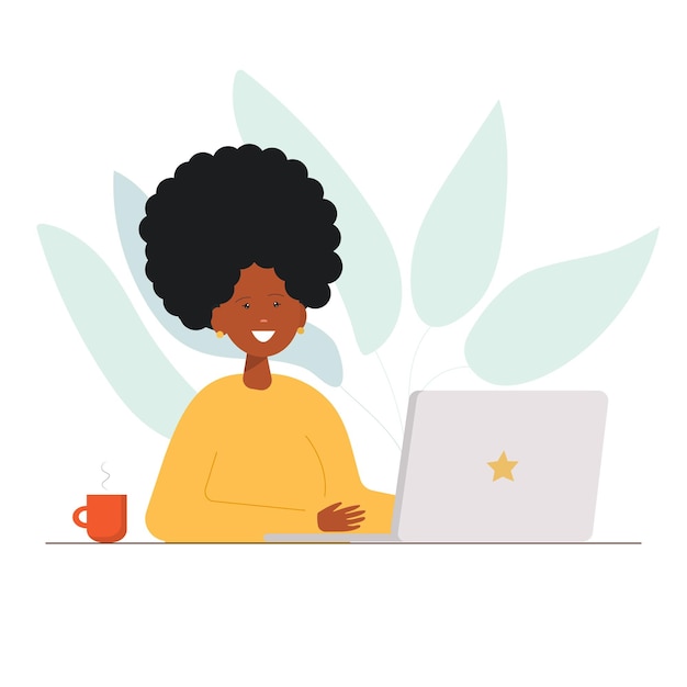 Weibliche Büroangestellte Dunkelschwarze Afrikanerin verwendet Laptop, der am Tisch sitzt Persönlicher Assistent