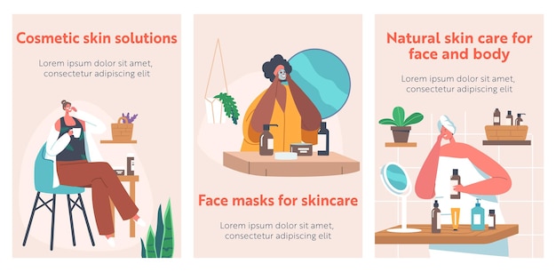 Weibliche charaktere, die kosmetik anwenden cartoon-banner frau mit gesichtsmaske augenpads und cremetiegel gesicht hautpflege und behandlung spa natural beauty cosmetology concept people vector posters