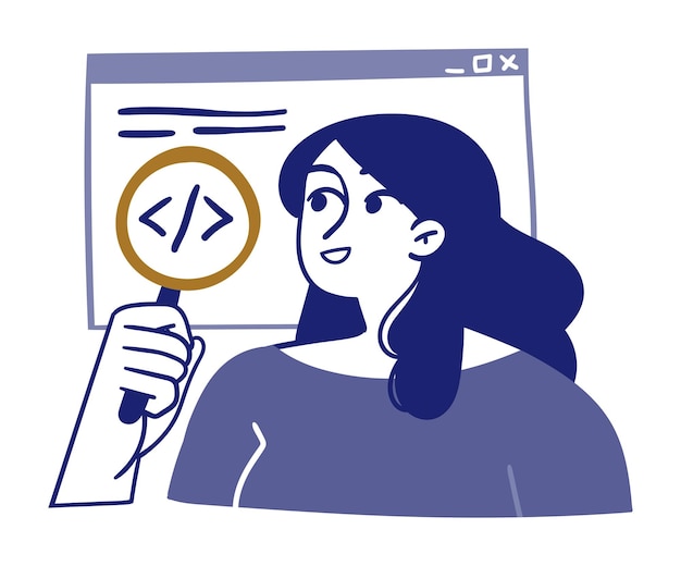 Weibliche Entwicklerin inspiziert den Code mit einer Lupe
