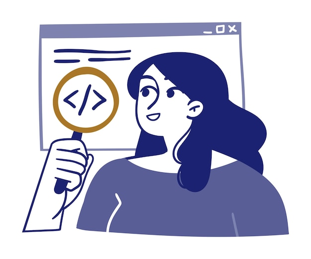 Vektor weibliche entwicklerin inspiziert den code mit einer lupe