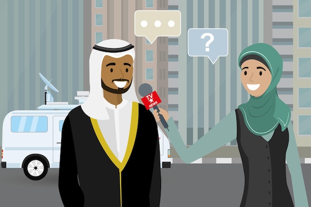 Vektor weibliche fernsehreporterin mit mikrofon interviewt arabischen geschäftsmann vektor