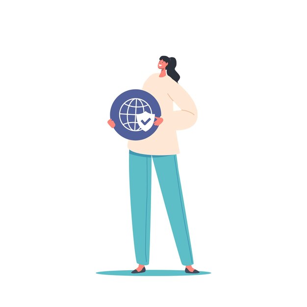 Weibliche figur, die das symbol des globus mit schild hält konzept des online-virenschutzes frau schützt die datenbank