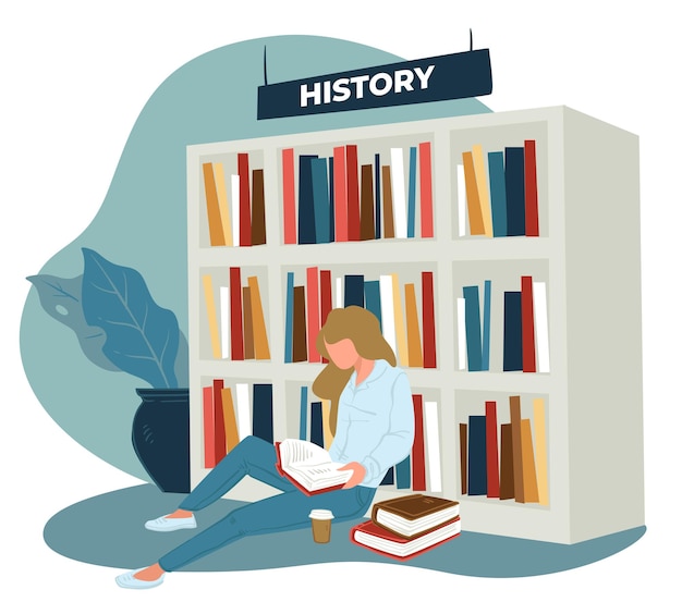 Weibliche Figur, die Geschichtsbücher und Veröffentlichungen über die Antike genießt. Bibliothek oder Speicher mit verschiedenen wissenschaftlichen Lehrbüchern. Student oder Bücherwurm mit Kaffeetasse auf dem Boden. Vektor im flachen Stil