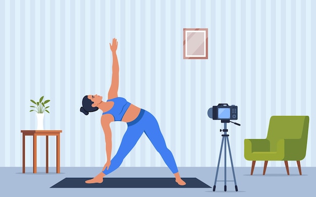 Weibliche Figur, die zu Hause Yoga-Übungen macht und mit einer Kamera auf einem Stativ ein Video aufnimmt