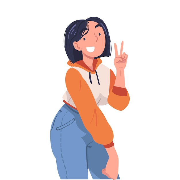 Weibliche Figur mit positivem V-Zeichen, Handgesten-Vektor-Illustration