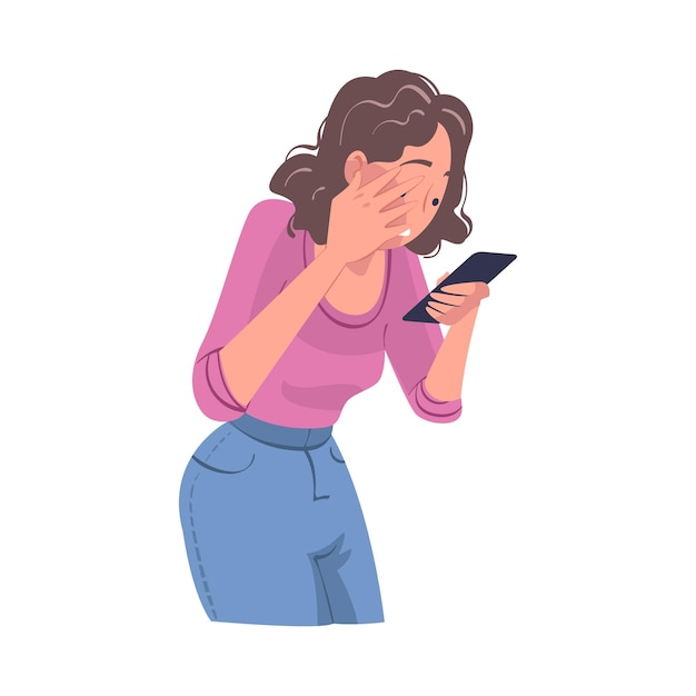 Weibliche Figur mit Smartphone liest schockierende Inhalte oder Nachrichtenvektorillustrationen