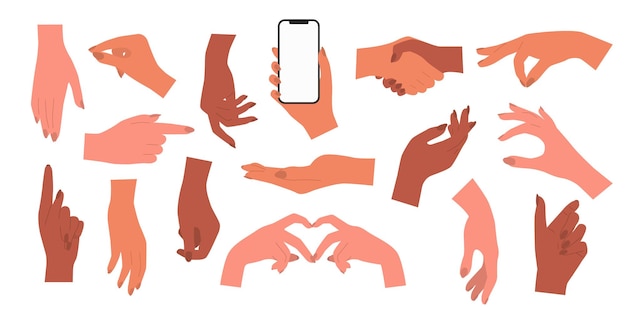 Weibliche Hände, die mit dem Handy zeigen und das Telefon halten