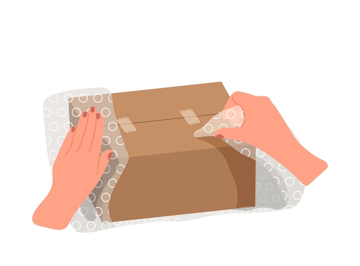 Vektor weibliche hände packen einen kartonbehälter in eine blasenverpackungsfolie, die auf weißem hintergrund isoliert ist