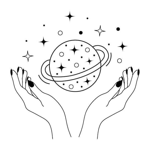 Weibliche Hände und mystischer esoterischer Zauberplanet mit Sternen Kosmos in den Händen Himmlisches Symbol