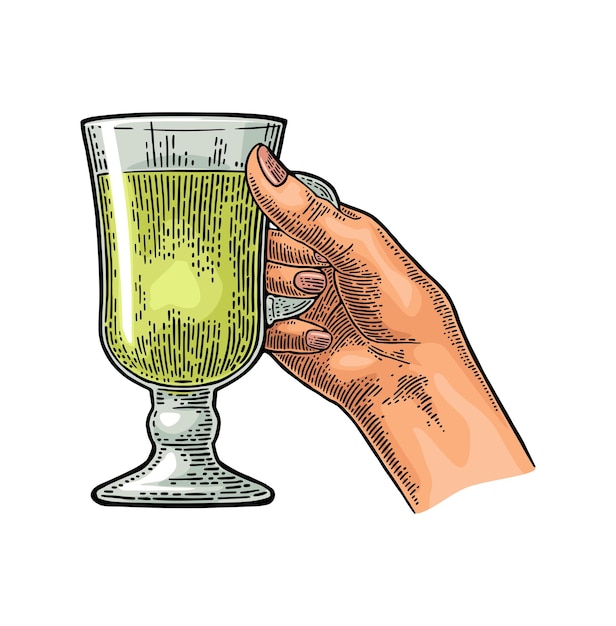 Weibliche hand hält einen glasbecher schwarzen und grünen tee vintage farbvektorgravur illustration