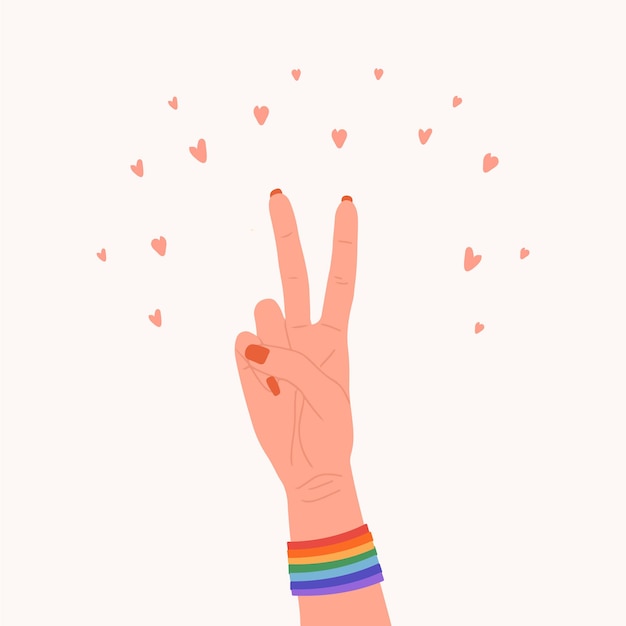 Weibliche hand in friedensgeste mit regenbogenbändern. gay-parade-element. lgbt-rechte.