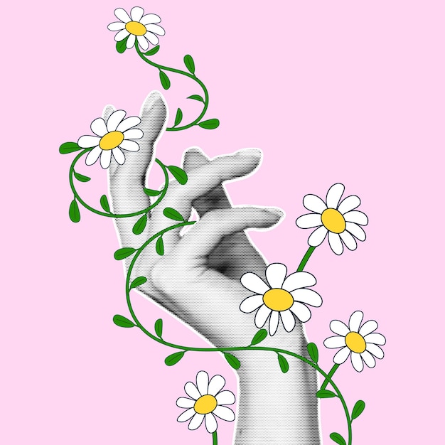 Weibliche Hand mit einem Halbton-Effekt, verflochten mit Gänseblümchen im Cartoon-Stil Moderne Frühlingsillustration