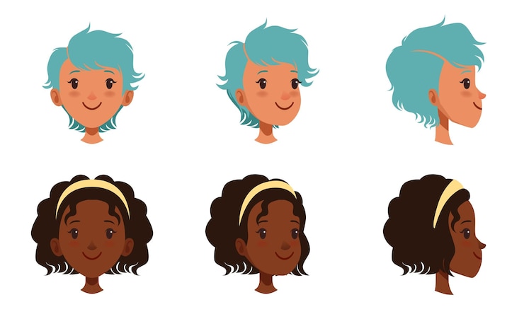 Vektor weibliche köpfe set frontalprofil fröhliche kaukasische und afroamerikanische teenager mädchen charaktere drei viertel drehen ansicht cartoon-stil vektor-illustration