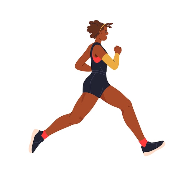 Weibliche Läuferin läuft Glückliche schwarze Frau Mädchen Athletenprofil Joggen Ausübung Aktiver gesunder Jogger Workout Sport Ausdauertraining Flache Vektorillustration isoliert auf weißem Hintergrund