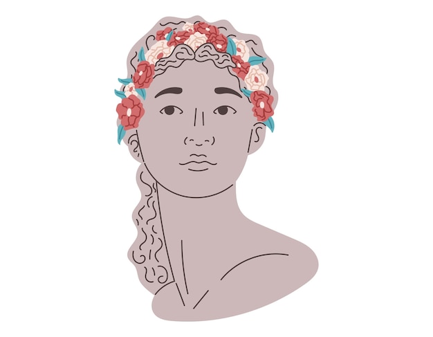 Vektor weibliche mythische göttin antike griechische frauenstatue mit flachem kopf aus gipsstein und blumenstirnband
