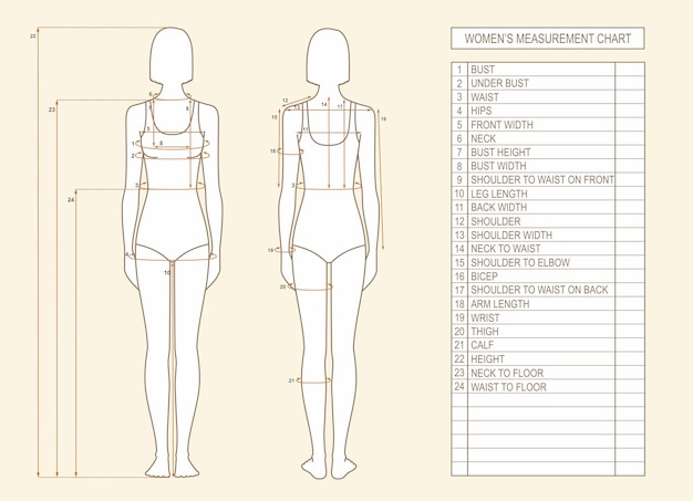 Vektor weibliche silhouette mit körpermaßen frauenfigur vorder- und rückseite größentabelle vektor
