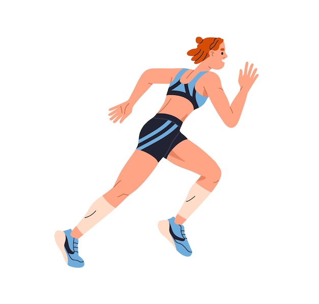 Weibliche Sprinterin läuft schnell Weibliche Athletin aktive Läuferin sprintet Cardio-Training Ausdauer Sportmädchen körperliches Training übung Flachvektor-Illustration isoliert auf weißem Hintergrund