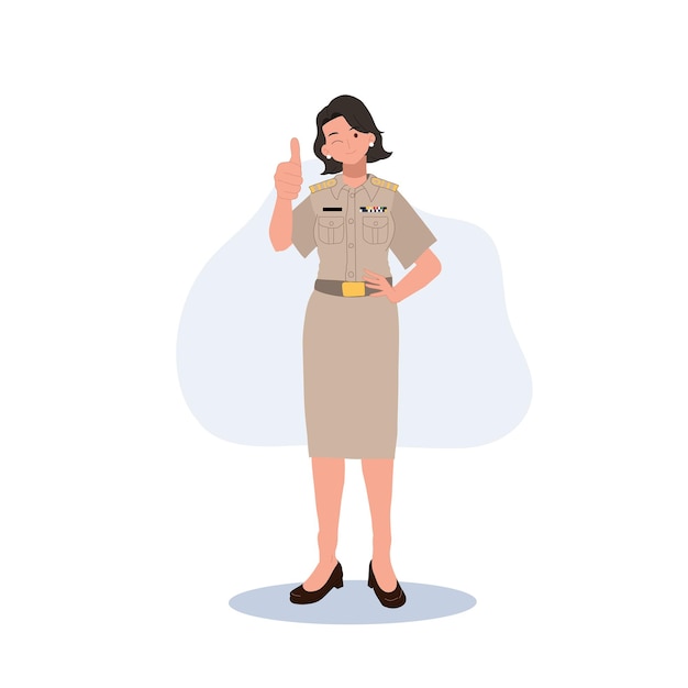 Weibliche thailändische regierungsbeamte in uniform frau thailändische lehrerin gibt daumen hoch gute arbeit sehr gut vektorillustration