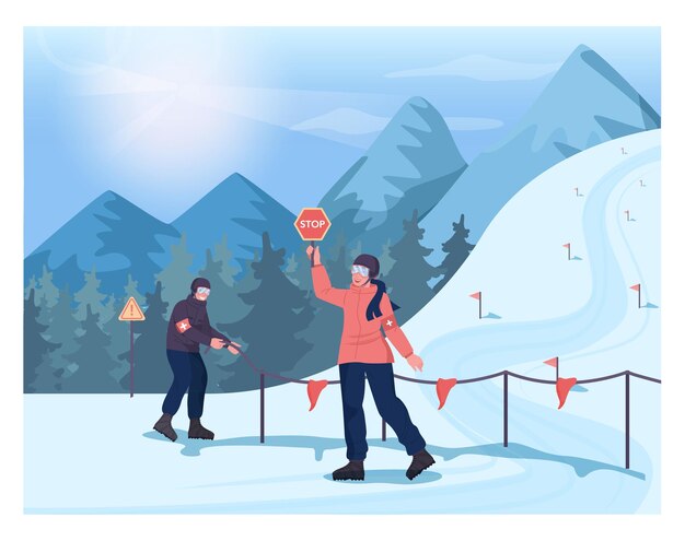 Weibliche und männliche skigebietsretter, die ein skifahren oder snowboarden schließen