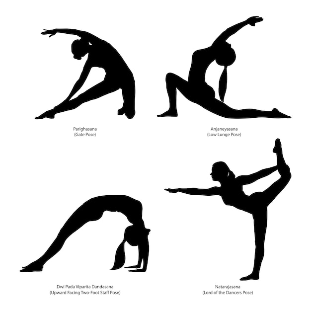 Vektor weibliche yoga-posen, silhouetten, tor-pose, niedrige ausfallschritt-pose, lord of the dancers-pose, verschiedene yoga-posen