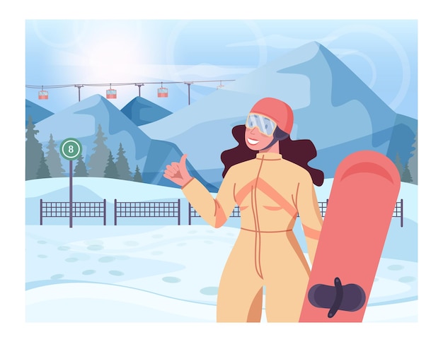 Weiblicher charakter, der ein snowboard hält. snowboarder mit verschneiter hügel- und waldlandschaft. frauen-snowboarding, winter-extremsport-aktivitäten. flache vektorillustration