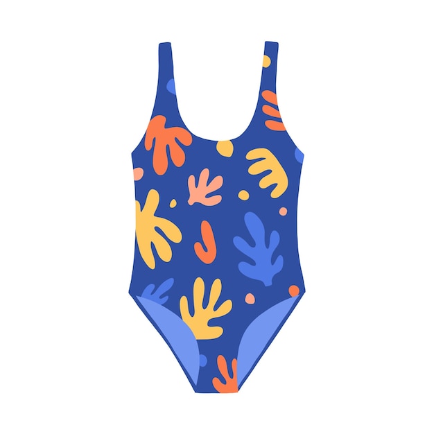 Weiblicher einteiliger Badeanzug. Moderne blaue Bademode mit leuchtendem mehrfarbigem Muster. Frauen schwimmen kleidung. Flache bunte Vektorillustration lokalisiert auf weißem Hintergrund.