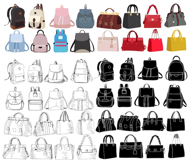 Weiblicher modischer Rucksack eine Reihe weiblicher Taschen