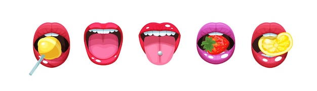 Vektor weiblicher offener mund mit obst und süßem set. rote lippenstiftlippen der frau mit zungenpiercing und zähnen