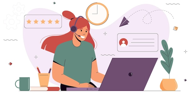 Vektor weiblicher operator mit kopfhörern berät kunden am telefon support-service-betreiber