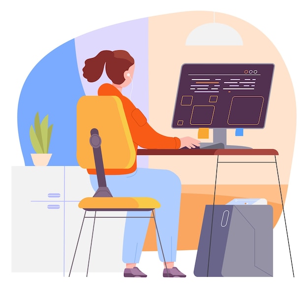 Vektor weiblicher programmierer, der am computer arbeitet freiberuflicher arbeitsplatz