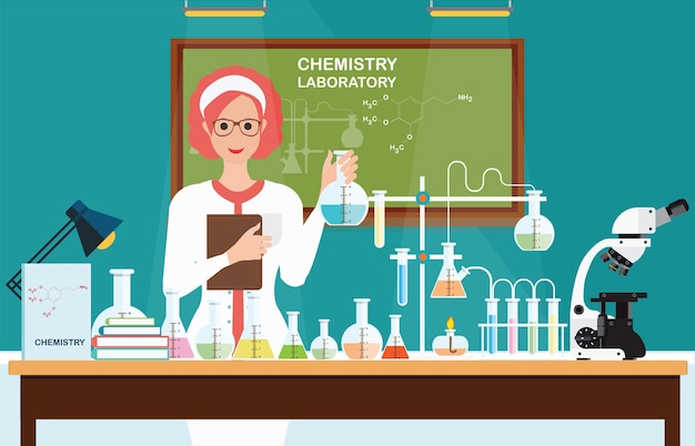 Weiblicher wissenschaftler am chemischen labor wissenschaft